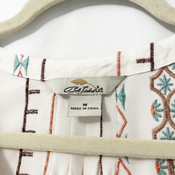 Bob Timberlake Boho Aztec Embroidered Ivory Blouse with Tie Front 3/4 Sleeve M - Picture 2 of 7